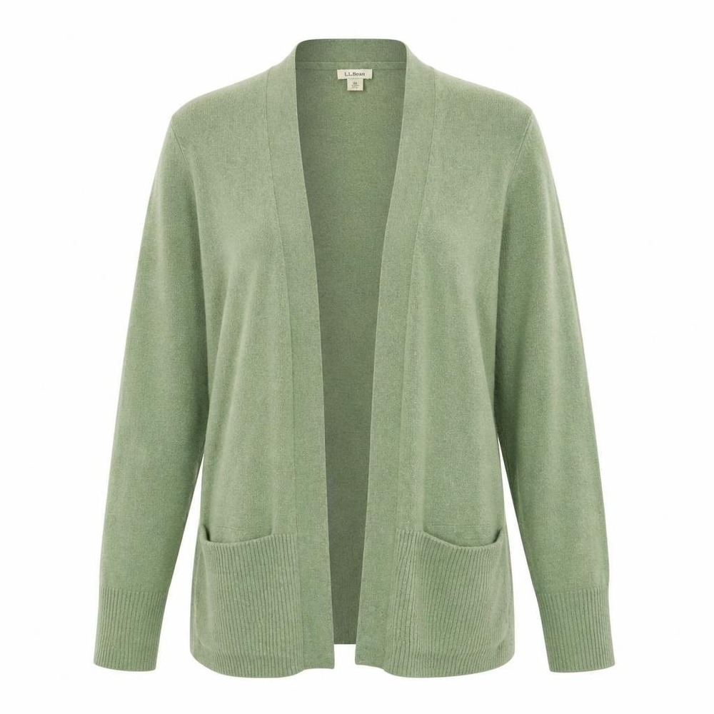 LL Bean 100% Cashmere Cardigan Womens M Green Sweater Long Quiet Luxury Pockets